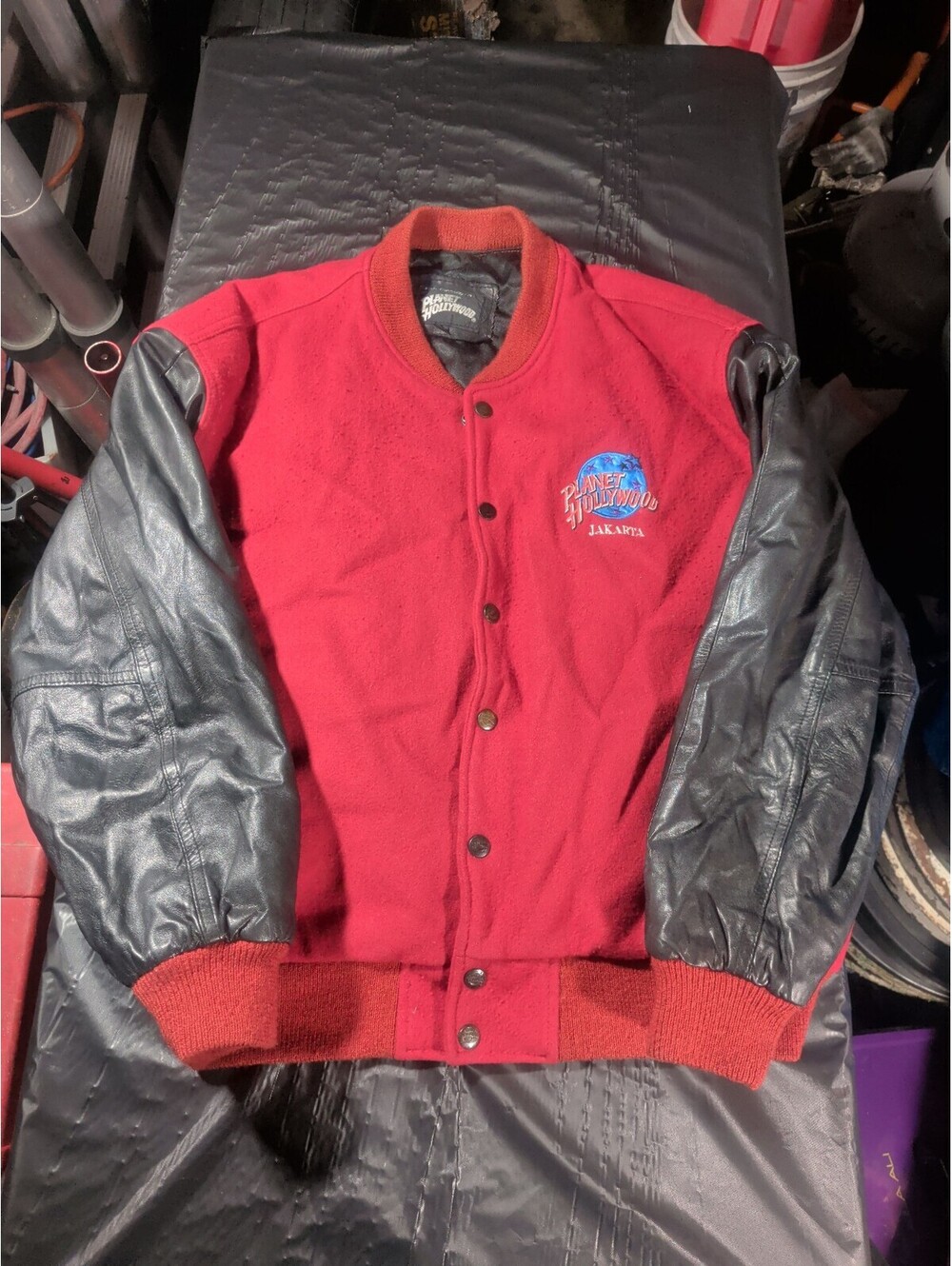 Vintage Planet Hollywood Jakarta Mens Varsity Jacket Red Wool blend & leather - Picture 1 of 13